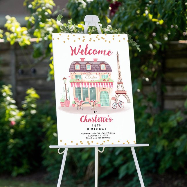 Paris Night Eiffel Bistro Pink Green Party Welcome Poster (paris bistro eiffel tower pink mint gold confetti birthday party welcome sign poster)
