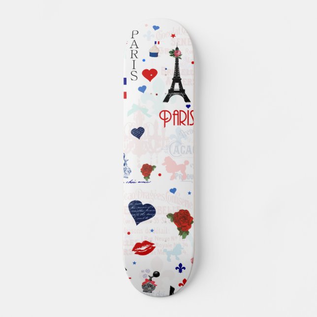Paris pattern with Eiffel Tower Skateboard (Front)