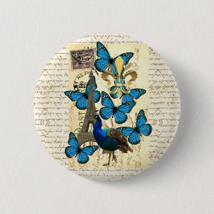 Paris, peacock and butterflies 2 inch round button