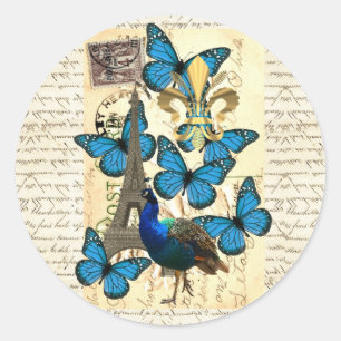 Paris, peacock and butterflies classic round sticker