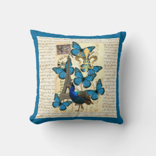 Paris, peacock and butterflies throw pillow