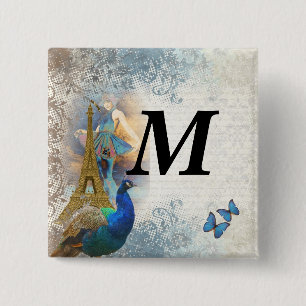 Paris peacock collage 2 inch square button
