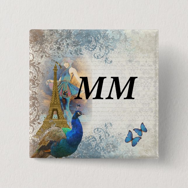 Paris peacock collage 2 inch square button (Front)