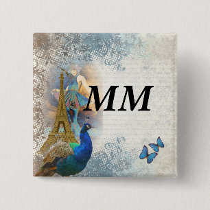 Paris peacock collage 2 inch square button