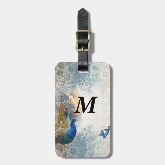 Paris peacock collage luggage tag (Front Vertical)