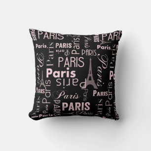 Paris pink and black, paris print throw pillow