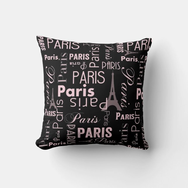 Paris pink and black, paris print throw pillow (Front)
