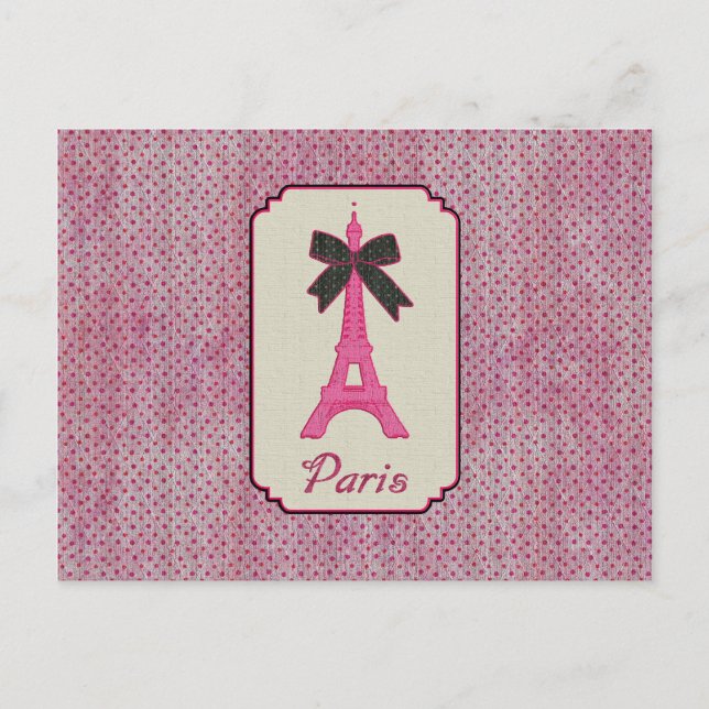 Paris Pink and Black Polka Dot Eiffel Tower & Bow Postcard (Front)