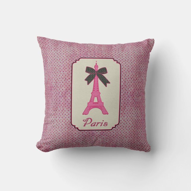 Paris Pink and Black Polka Dot Eiffel Tower & Bow Throw Pillow (Front)