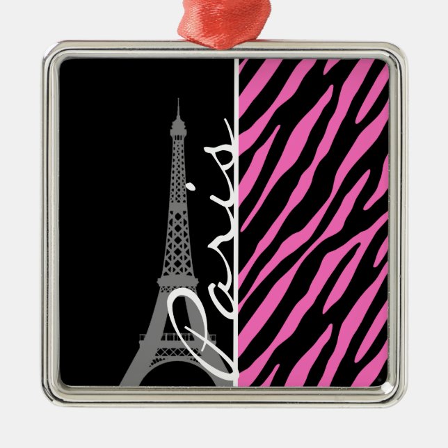 Paris; Pink & Black Zebra Print Metal Ornament (Front)