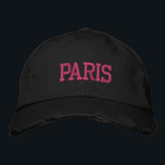 PARIS Pink Embroidery Black Vintage Style Embroidered Hat<br><div class="desc">PARIS Pink Embroidered vintage style distressed Black cotton hat. Makes a wonderful gift for anybody who loves Paris France! If you would prefer to have your personal text then simply select "Personalize this template" details button to enter your choice of custom text. Embroidery is also customizable to other colour choices...</div>