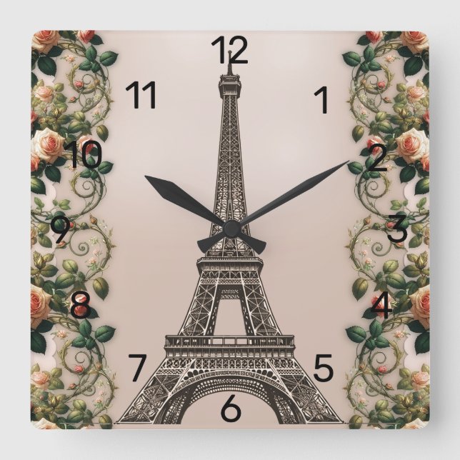 Paris Pink Rose Vines Eiffel Tower Shabby Chic Square Wall Clock (Front)
