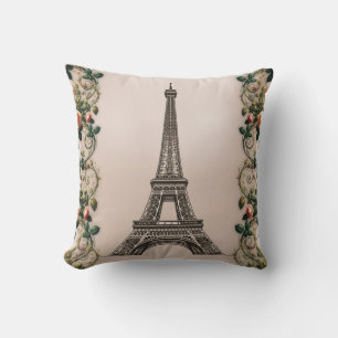 Paris Pink Rose Vines Eiffel Tower Shabby Chic Throw Pillow