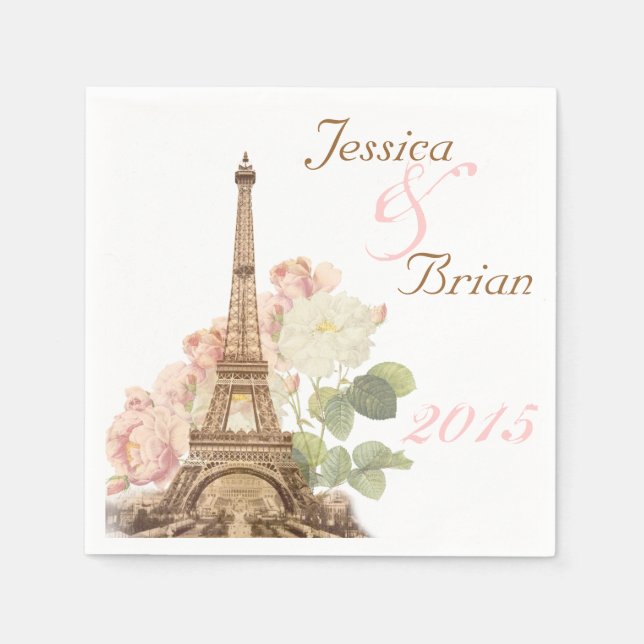 Paris Pink Rose Vintage Romantic Wedding Napkins (Front)