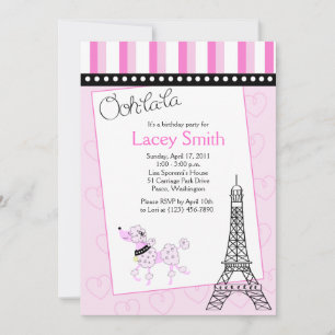Paris Poodle 5x7 rose Invitation d'anniversaire