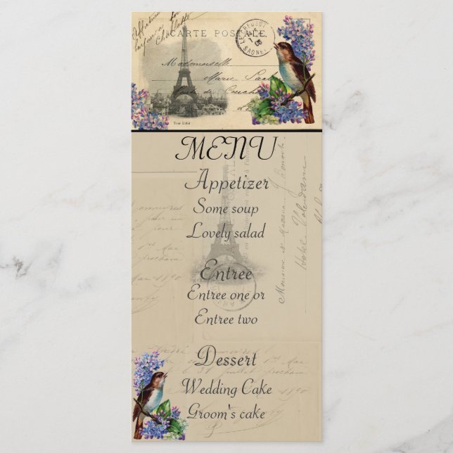 Paris Postcard Bird on Lilacs Menu Card (Front)