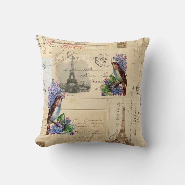 Paris Postcard Bird on Lilacs Pillow (Front)