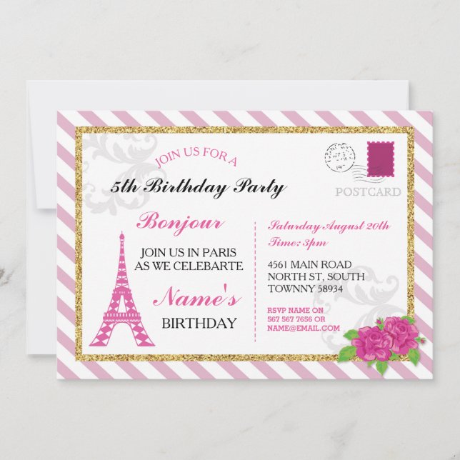 Paris Postcard France Pink Eiffel Tower Invite (Front)