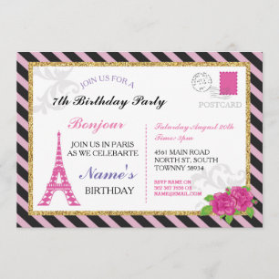Paris Postcard Stripe Gold Glitter Pink Invite