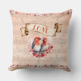 Paris Postmark Love Birds with Whimsical Notes Throw Pillow