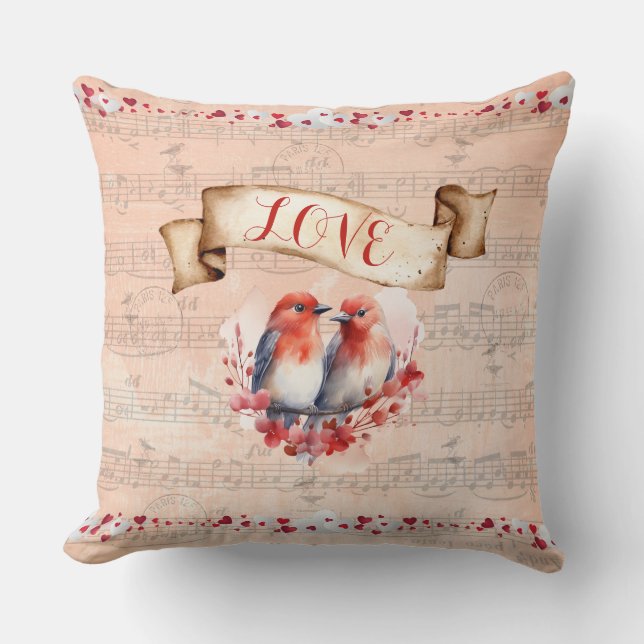 Paris Postmark Love Birds with Whimsical Notes Throw Pillow (Front)