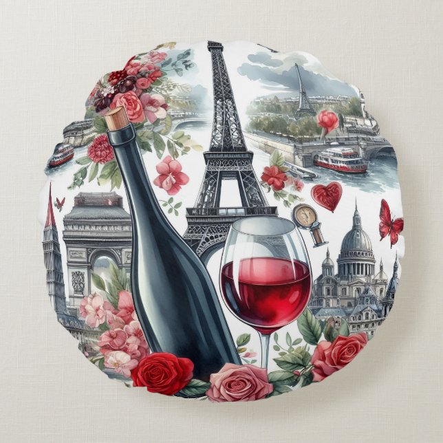 paris red wine round pillow (Front)