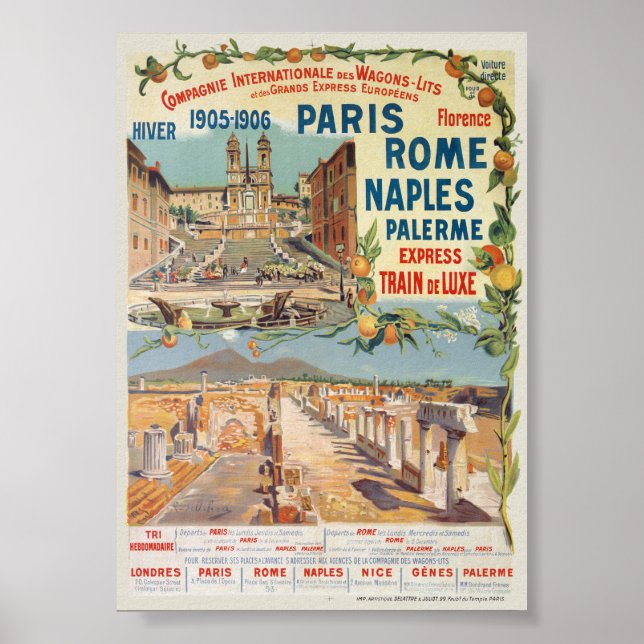 Paris Rome Naples Poster vintage 1905 (Devant)