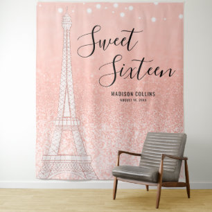 Paris Rose Gold Glitter Lights Sweet 16 Backdrop Tapestry