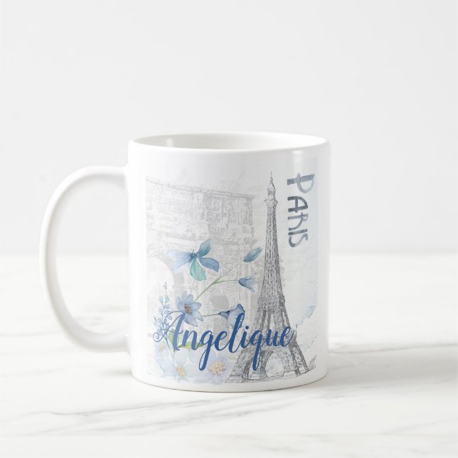 Paris Scene and Blue Flowers Custom  Coffee Mug (Left)