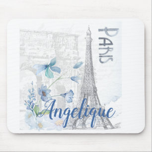 Paris Scene and Blue Flowers Custom Mouse Pad