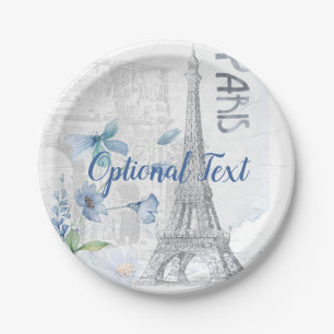 Paris Scene and Blue Flowers Custom  Paper Plate