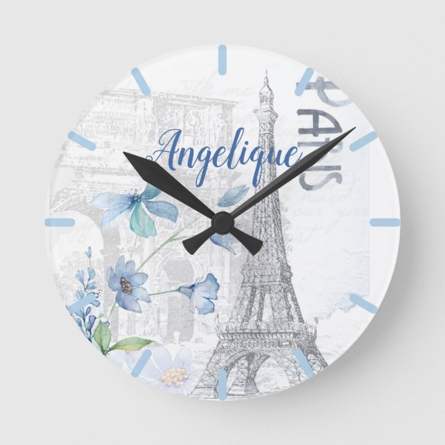 Paris Scene and Blue Flowers Custom  Round Clock (Front)