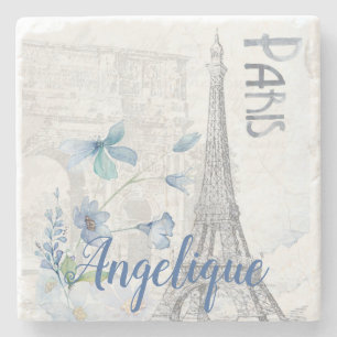 Paris Scene and Blue Flowers Custom  Stone Coaster