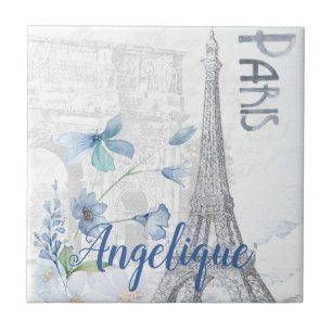 Paris Scene and Blue Flowers Custom Tile