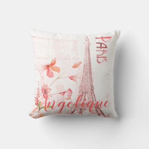 Paris Scene and Pink Flowers Custom Throw Pillow