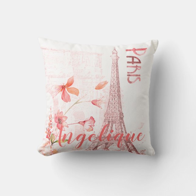 Paris Scene and Pink Flowers Custom Throw Pillow (Front)