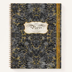 Paris Script Calligraphy Vintage Marbling w Gold Notebook