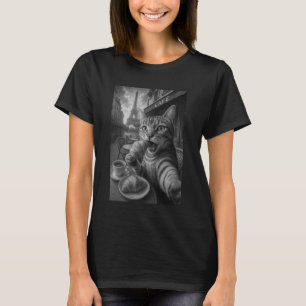 Paris Selfie Cat Eating Croissant by Eiffel Tower T-Shirt