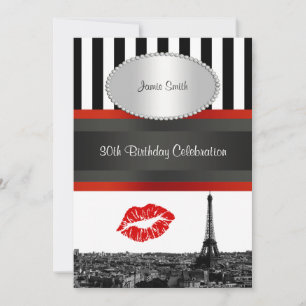 Paris Skyline BW Stripe Red Kiss PV Birthday Party Invitation