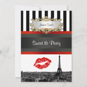 Paris Skyline BW Stripe Red Kiss Sweet 16 Party Invitation