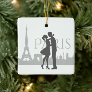 Paris Skyline Eiffel Tower Couple Love Christmas Ceramic Ornament