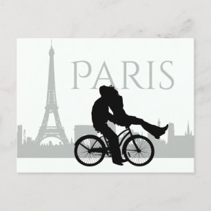 Paris Skyline Eiffel Tower Couple Love Grey, White Postcard