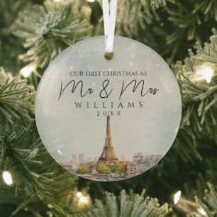Paris Skyline Elegant First Christmas As Mr & Mrs Glass Ornament