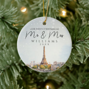 Paris Skyline First Christmas As Mr & Mrs Photo Ceramic Ornament