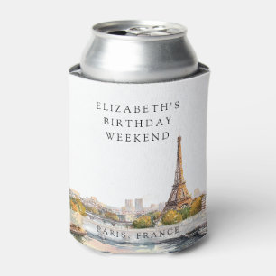 Paris Skyline Watercolor Birthday Weekend Can Cooler