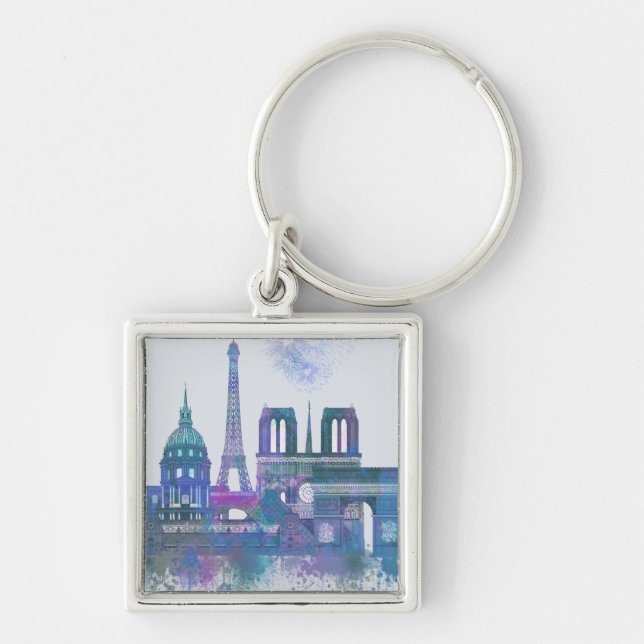 Paris Skyline - Watercolor Blue Keychain (Front)