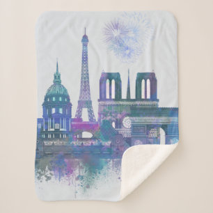Paris Skyline - Watercolor Blue Sherpa Blanket