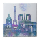 Paris Skyline - Watercolor Blue Tile<br><div class="desc">Paris Skyline Watercolour Splash Blue by Fab Funky. Features famous landmarks of Paris in a watercolor style.</div>