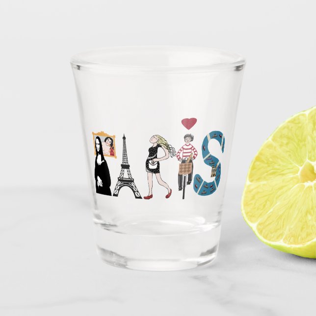 Paris spelled out in iconic images shot glass (Front)