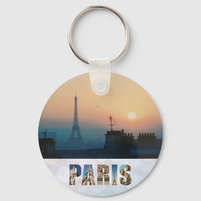 Paris Sunset Eiffel Tower France French City Photo Keychain (Front)